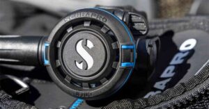 Close up shot of the SCUBAPRO R105 regulator with the SCUBAPRO logo prominently displayed