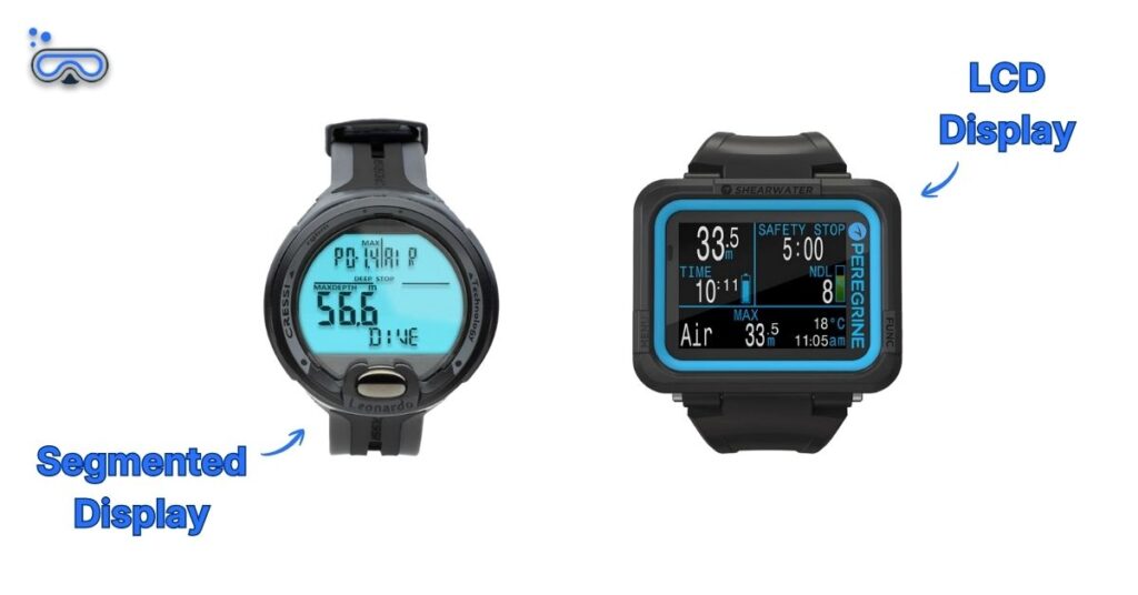Cressi Leonardo 2.0 & Shearwater Peregrine dive computers side-by-side with labeled arrows pointing to the segmented display dive computer and the LCD display dive computer