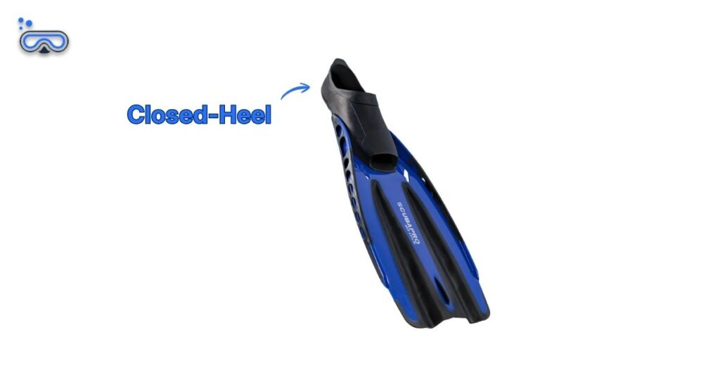 Image of a SCUBAPRO Jet Club fin with a labeled arrow showing what a closed-heel is