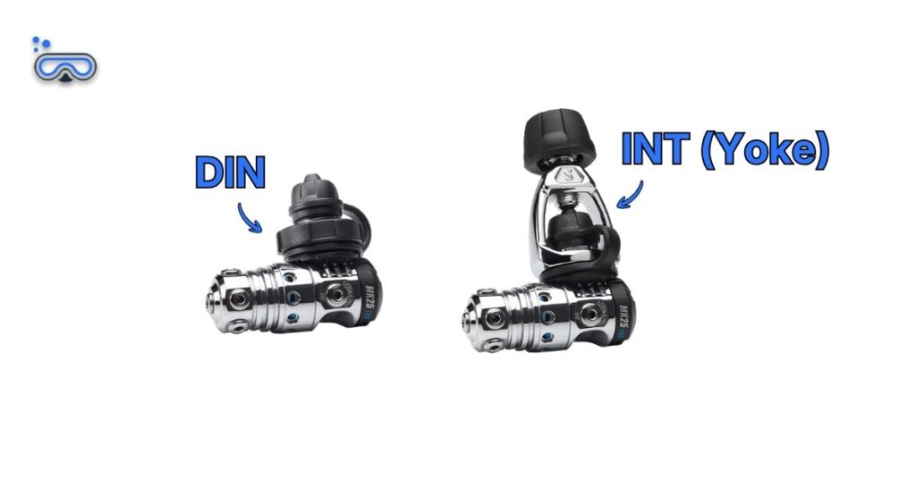 Side-by-side image of a DIN SCUBAPRO MK25 and an INT (Yoke) SCUBAPRO MK25 1st stage regulator with labeled arrows depicting the difference