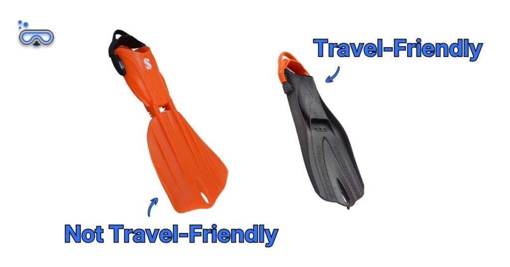 Side-by-side image of a SCUBAPRO Seawing Nova Gorilla and a SCUBAPRO Go Travel fin with labeled arrows depicting if they are travel-friendly or not