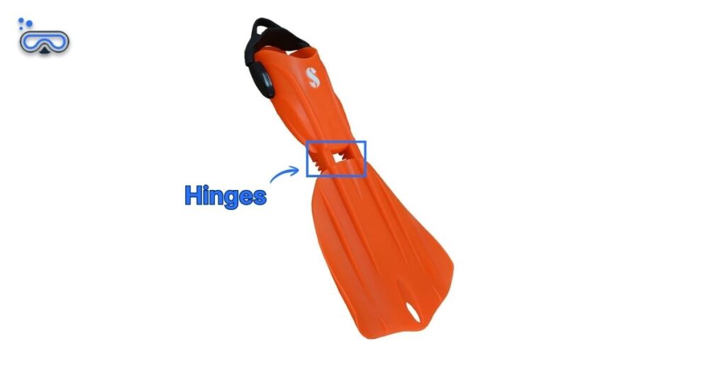 Image of a SCUBAPRO Seawing Nova Gorilla with labeled arrows showing where the hinges on the fin are