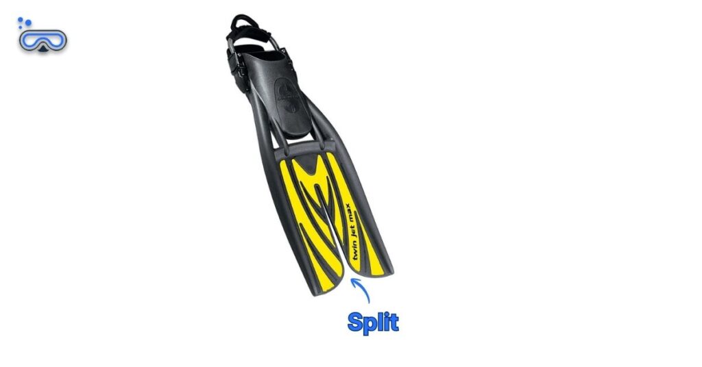 Image of a SCUBAPRO Twin Jet Max fin with a labeled arrow showing where the split is on the fin