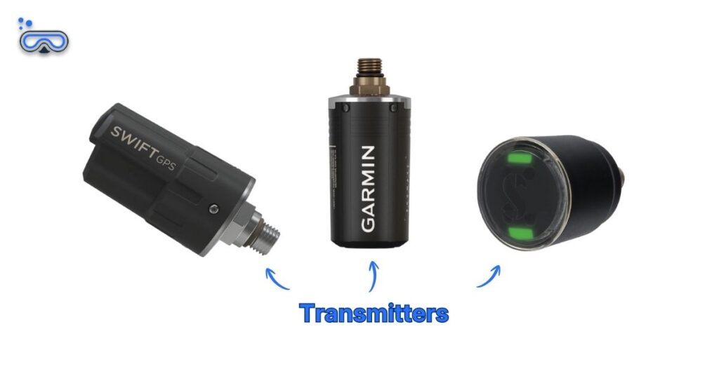 Image of a Shearwater Swift GPS, Garmin Descent T2, and SCUBAPRO Smart + Pro transmitters with labeled arrows to depict what air integration transmitters look like