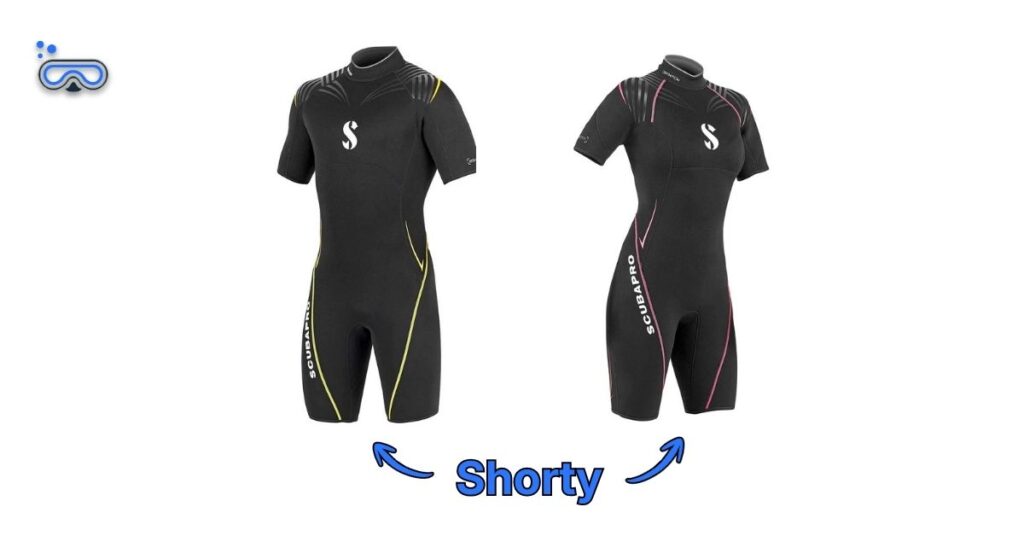 SCUBAPRO Definition Shorty men's and women's side-by-side with labeled arrows depicting each one