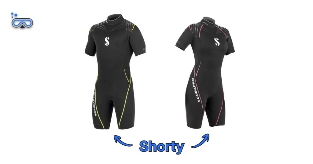SCUBAPRO Definition Shorty men's and women's side-by-side with labeled arrows depicting each one