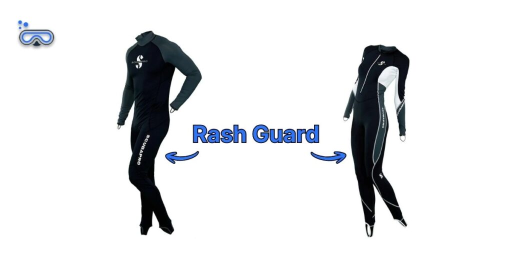 SCUBAPRO UPF 50 Steamer mens' and women's rash guard side-by-side with labeled arrows depicting each one