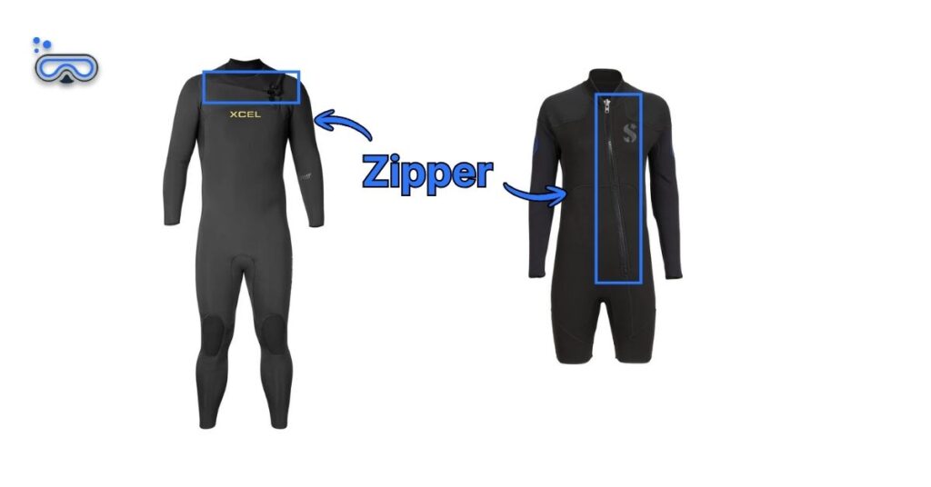 Xcel Comp and SCUBAPRO Oneflex Caribbean side-by-side image with labeled arrows depicting the front zippers
