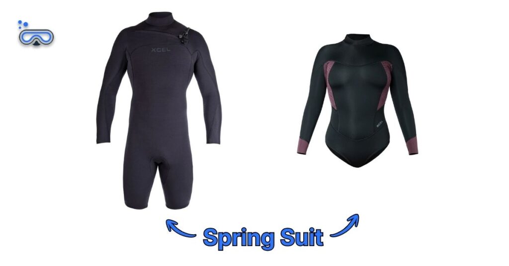 Side-by-side image of Xcel Comp+ and Xcel Axis spring suits with labeled arrows depicting them