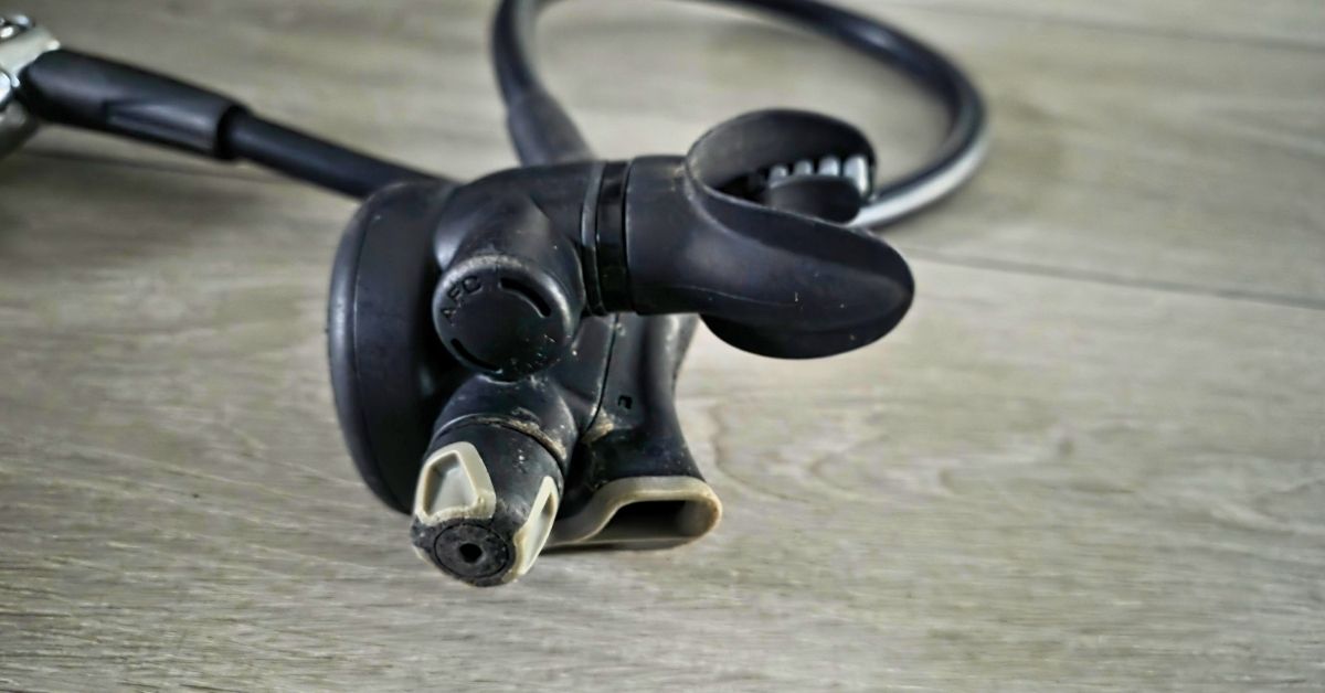 Close up of Atomic Aquatics B2 regulator left side showing wear from years of use. For article titled Atomic Aquatics B2 Review.