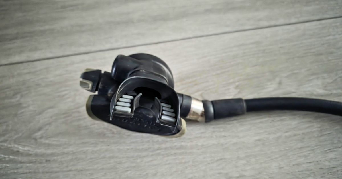 Close up of Atomic Aquatics B2 regulator mouth piece showing wear from years of use. For article titled Atomic Aquatics B2 Review.
