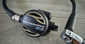 Close up of Atomic Aquatics B2 regulator showing wear from years of use. For article titled Atomic Aquatics B2 Review.