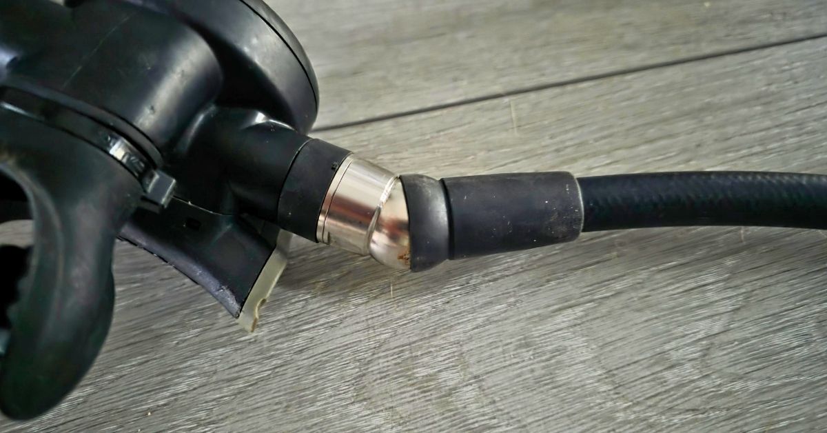 Close up of Atomic Aquatics B2 regulator Comfort Swivel showing wear from years of use. For article titled Atomic Aquatics B2 Review.