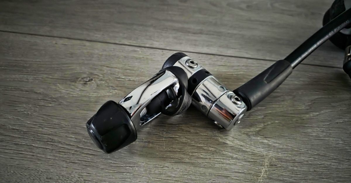Close up of Atomic Aquatics B2 1st stage regulator right side showing wear from years of use. For article titled Atomic Aquatics B2 Review.
