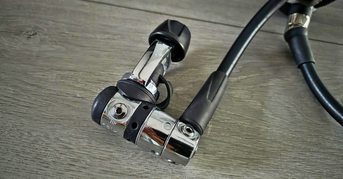 Close up of Atomic Aquatics B2 1st stage regulator left side showing wear from years of use. For article titled Atomic Aquatics B2 Review.