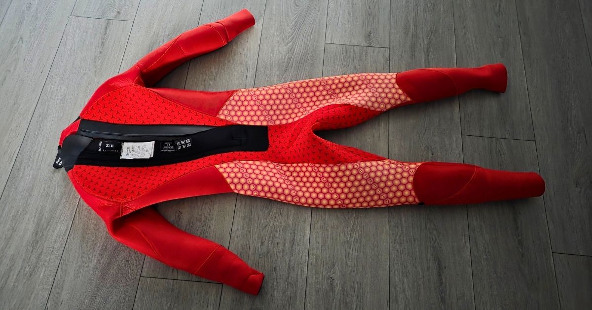 Rear inner lining of BARE Reactive 5mm wetsuit showing wear from dozens of uses. For article titled BARE Reactive 5mm Wetsuit Review.