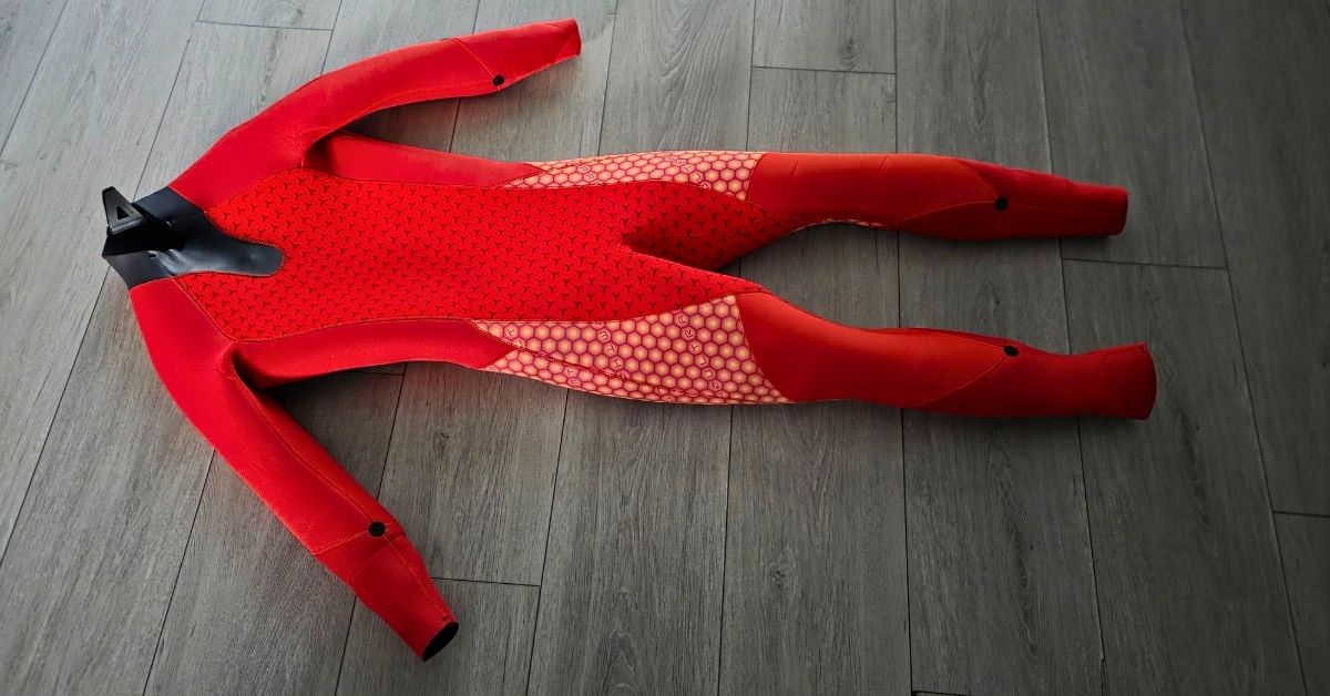 Front inner lining of BARE Reactive 5mm wetsuit showing wear from dozens of uses. For article titled BARE Reactive 5mm Wetsuit Review.