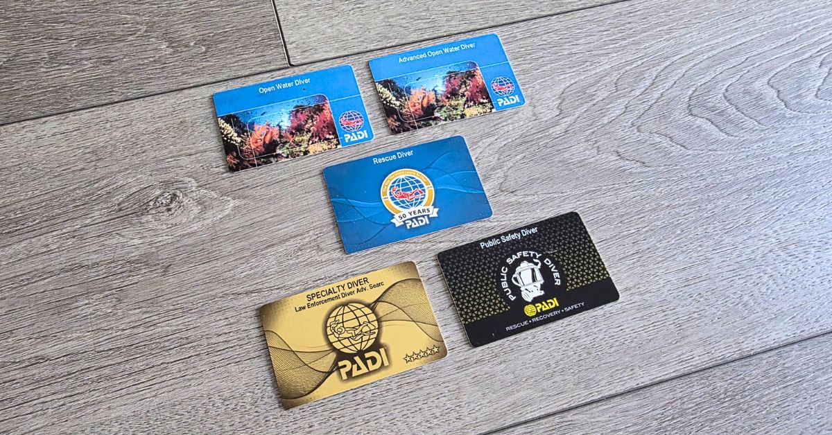 My PADI Open Water, Advanced Open Water, Rescue, Specialty Diver, and Public Safety Diver certification cards laid out on the ground .