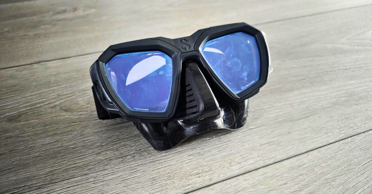 Close up of SCUBAPRO D-Mask showing wear from years of use. For article titled SCUBAPRO D-Mask Review