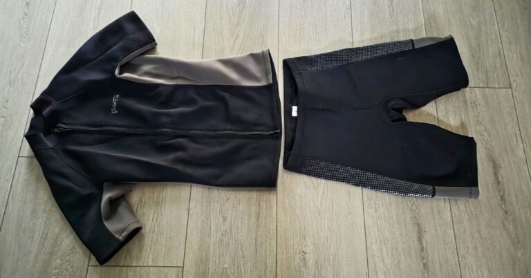 Front of GoldFin 2mm wetsuit top & wetsuit shorts showing wear from use. For article titled GoldFin 2mm Wetsuit Top & Wetsuit Shorts Review.