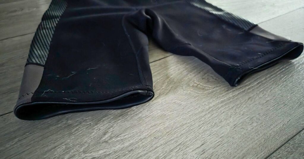 Close up of GoldFin 2mm wetsuit shorts thigh seals showing wear from use. For article titled GoldFin 2mm Wetsuit Top & Wetsuit Shorts Review.