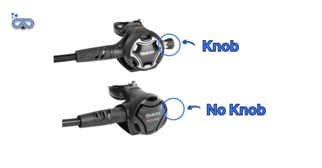 Comparison image of a Mares Dual ADJ and Mares Rover regulator with labeled arrows depicting a spring adjustment knob